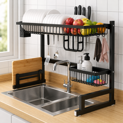 Over Sink Kitchen Dish Drying Rack Organizer | Stainless Steel Storage Shelf with Utensil Holders for Kitchen Essentials, 65/85cm