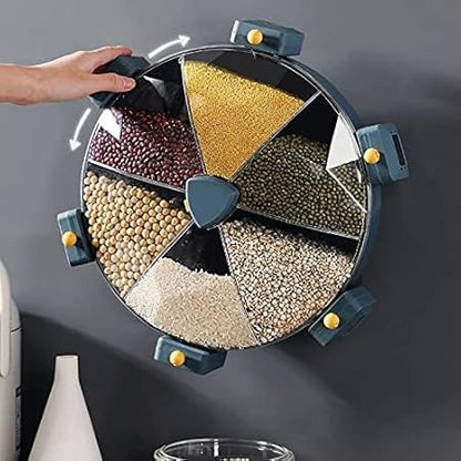 Wall-Mounted 6-Grid Dry Food Dispenser Storage Container | Rotating Grain, Rice, Cereal, Coffee Bean and Snack Organizer for Kitchen