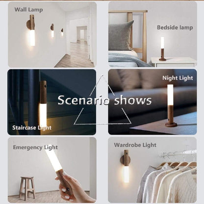 Motion Sensor LED Night Light, Rechargeable Magnetic Wall Lamp with 4M Detection Range, Portable Handheld Light, Walnut Finish, USB Rechargeable